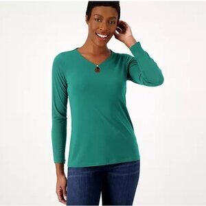Susan Graver Liquid Knit V-Neck Long Sleeve Top w/ Keyhole-Harbor Green-XS